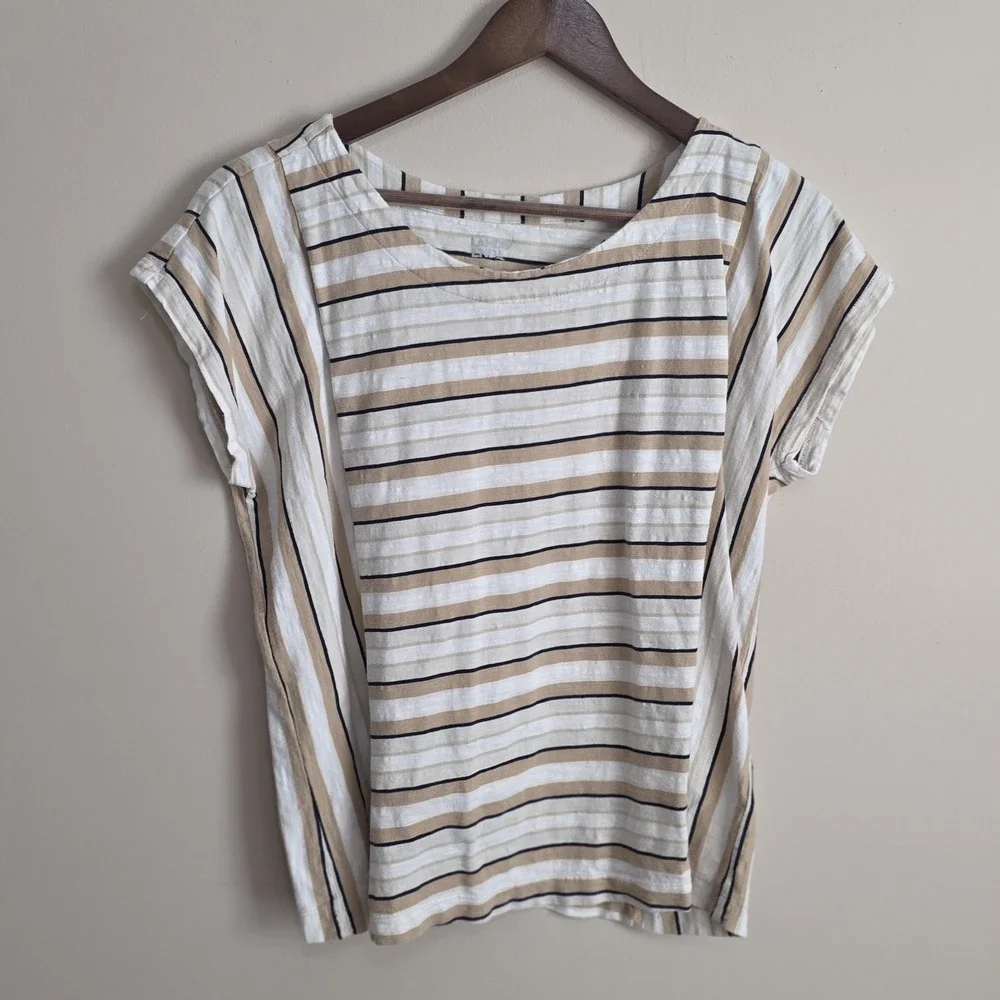 Lands End Casual Tees +‎ Short Set Women Medium Petite Blue Tan Striped Pockets
